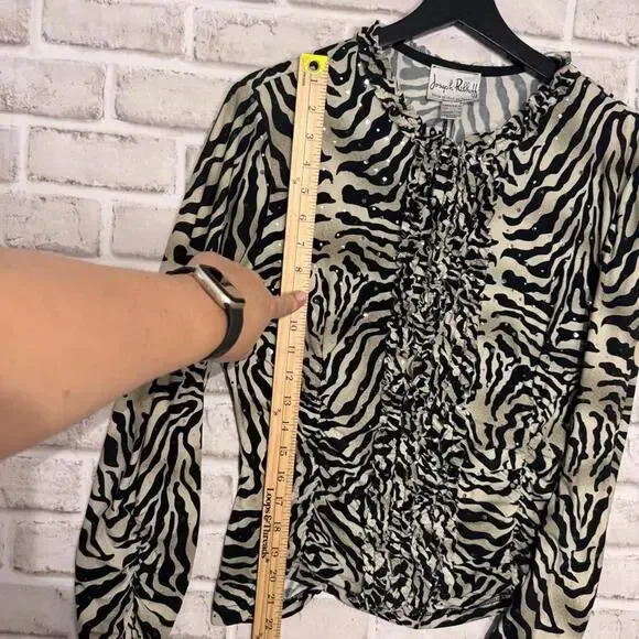 Joseph Ribkoff Zebra Print Full-zip Long Sleeve Jersey Ruffled Shirt Women's 14 - Picture 6 of 7